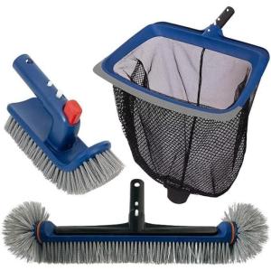 Deluxe Swimming Pool Cleaning Kit Including Pool Skimmer Net with Rubber Edge, 17.5″ Pool Brush Head & Rotatable Pool Scrub Brush, Heavy Duty Pool Cleaning Kit Inground & Above Ground Pool (No Pole)