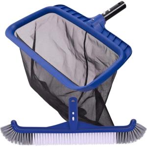 Fine Mesh Pool Net & Brush Head Combo – Sturdy Skimmer with 17.5″ Professional Brushes for Pool Wall Cleaning(Skimmer & Brush)