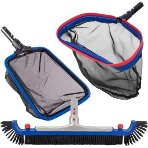 POOLAZA Deluxe Swimming Pool Cleaning Kit Including 20” Pool Brush Head & Heavy Duty Pool Nets for Cleaning (17.5”Pool Net Skimmer & Semi-deep Ultra Fine Mesh Pool Skimmer Net with Aluminum Frame)