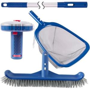 POOLAZA Pool Cleaning Kit Above Ground & Inground Pools, Include Sturdy Pool Brush Head, Ultra Fine Mesh Pool Skimmer Net, 57.5” Thickened Aluminum Pool Pole & Durable Pool Floater