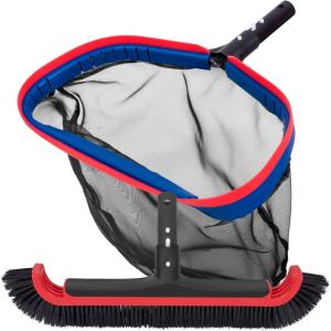 POOLAZA Pool Net and Brush, Fine Mesh Pool Skimmer Net and Heavy Duty Pool Brush Head, Durable Pool Brush & Pool Leaf Net with Aluminum Frame & Handle, Deluxe Pool Cleaning Kit Fit Standard Pool Pole
