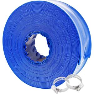 Poolvio 1-1/2″ x 100′ Professional Blue Backwash Hose with Clamps, General Purpose Reinforced PVC Lay-Flat Water Discharge Hose,for Use While Back-Washing Filters and Draining Pools