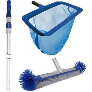 Poolvio 12FT Telescopic Pole, Pool Round Brush & Self-Repair Pool Rake