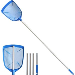Poolvio Pool Deep Skimmer Net with 3ft – 10ft 1.0mm Thick Adjustable Aluminum Pole & Fine Mesh Bag Leaf Skimmer Rake Net for Above Ground & Inground Swimming Pools, Removes All Debris(Pool Skimmer with Pole)